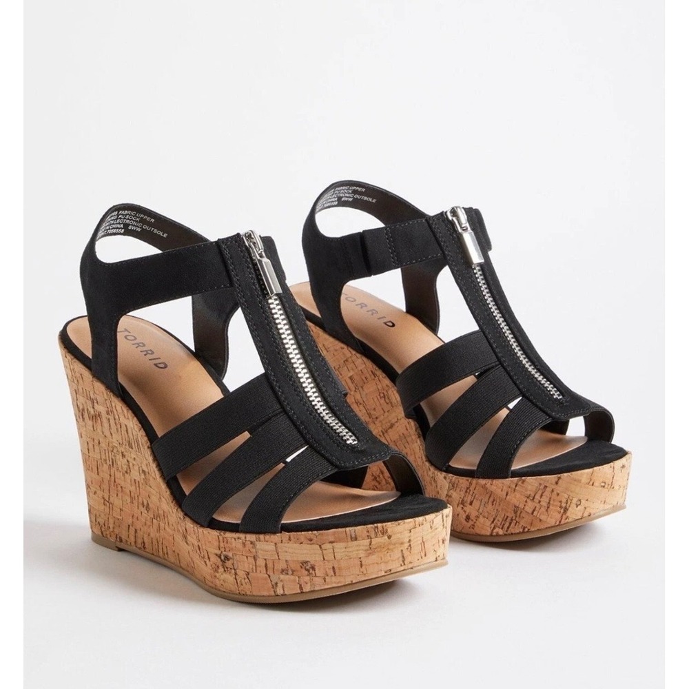 Torrid Wedge Sandals Women 11.5WW Black Cork Platform Zipper Strappy - Picture 3 of 11